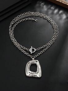 2 piezas Collar de plata minimalista de doble capa para hombre, colgante cuadrado hueco geométrico asimétrico, collar de capas con cierre OT, accesorio de estilo urbano, regalo - K blanca - Ver 3