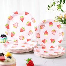 7/9 Inch Strawberry Series Printed Disposable Paper Plates, Floral Strawberry Disposable Party Plates, Party Decorations, Disposable Party Supplies, Birthday Party, Gift Party, Celebration Disposable Tableware - Pink Strawberry - View 1
