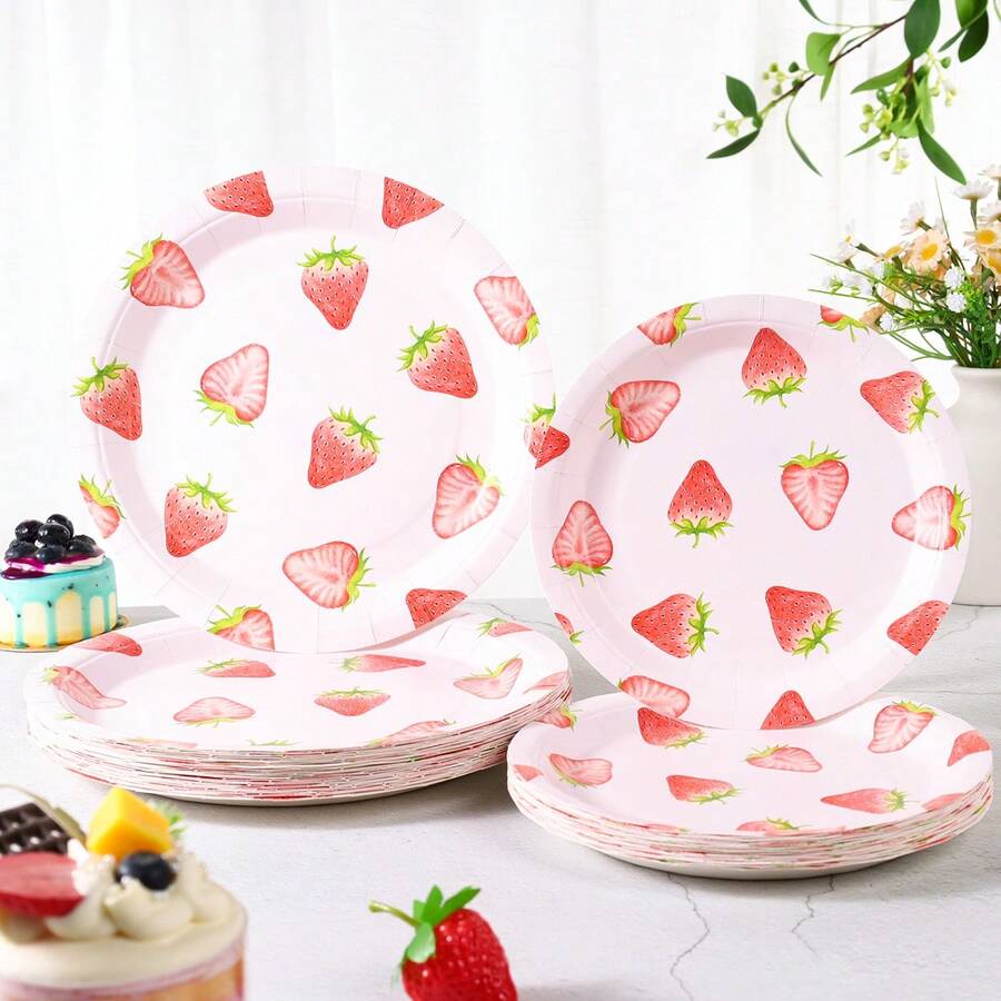7/9 Inch Strawberry Series Printed Disposable Paper Plates, Floral Strawberry Disposable Party Plates, Party Decorations, Disposable Party Supplies, Birthday Party, Gift Party, Celebration Disposable Tableware - Pink Strawberry - View 1