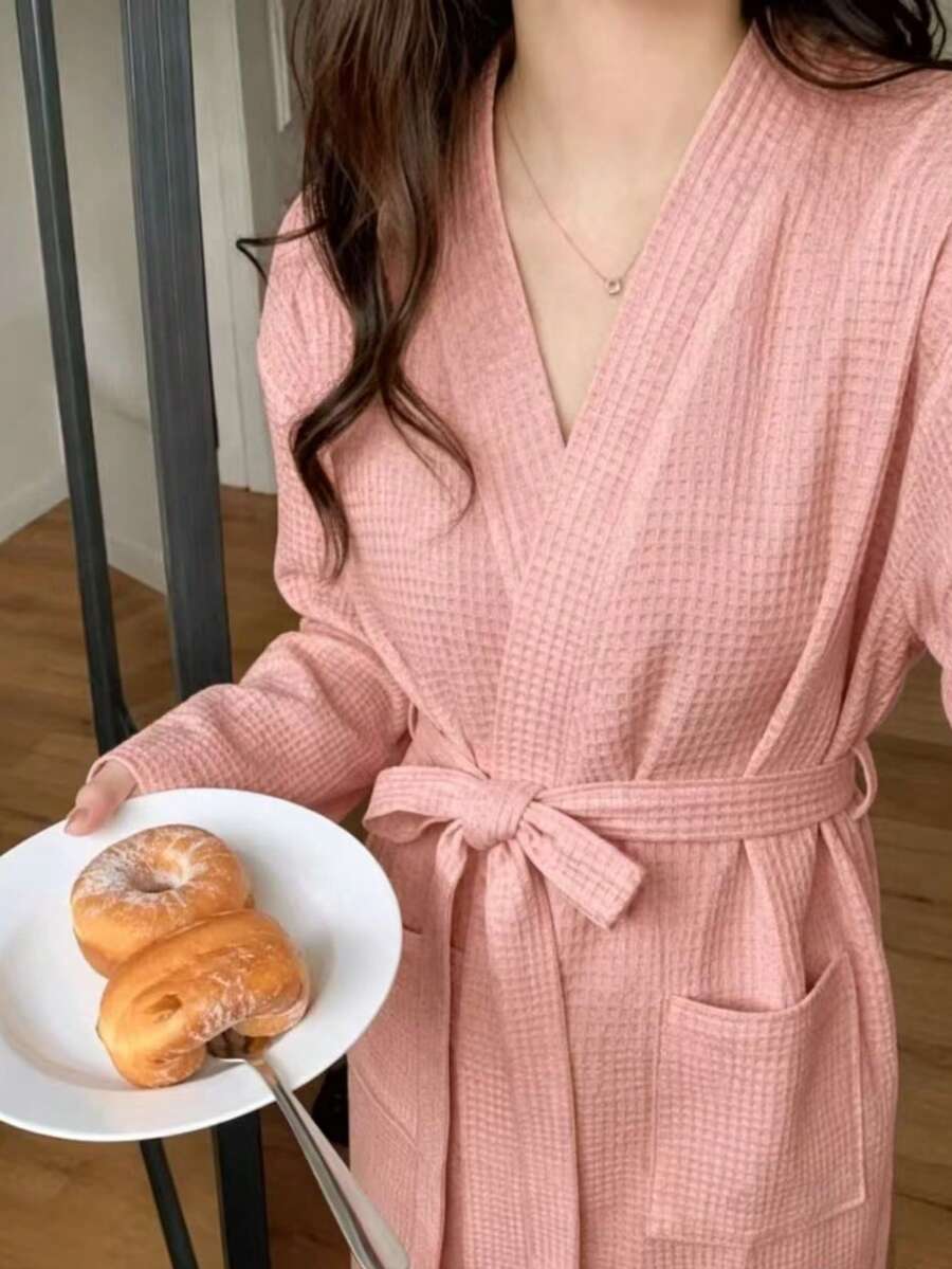 1pc Women's Waffle Knit Long Sleeve Solid Color Bathrobe, Unisex Adult Bathrobe, Soft And Absorbent, Loose Fit, Suitable For Home, Spa, Hotel Leisure Wear, Furniture And Bathroom Supplies, Valentine's Day Gift, Women's Casual Wear, Women's Bathrobe, Casual Wear - Pink - View 1