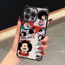 Funda de teléfono de lujo europea y americana, semitransparente, con diseño de dibujos animados, elegante, con lazo, estilo Mafalda, adecuada para iPhone 16, 16e, 15, 14, 13, 12 Mini, 11 Pro Max, X, XR, XS Max, 8, 7 Plus, con marco negro, cubierta trasera transparente anticaída, diseño premium. - Color 1 - Ver 5