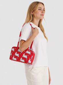 尼龍保齡球包，附頂部手柄與鑰匙掛繩的托特包，極簡休閒大容量通勤上班包，時尚圓點單肩手提包，適合日常穿搭 - 紅色 - 查看 3