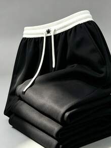 1Pc Versatile Drapey Men's Wide Leg Pants, Contrast Waistband Drawstring Design Black Knit Loose Daily Casual Sweatpants - Black - View 10