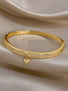 1pc Elegant Hollow Heart Series Bangle Bracelet For Women Luxury Zirconia Golden Copper Bangle For Daily Party Valentine Birthday Christmas Jewelry Gift - Multicolor - View 8