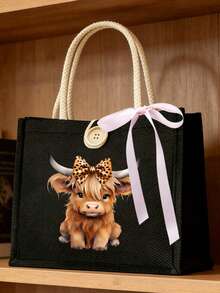 Canvas Tote Bag With Makeup Bag, Printed With Cow Pattern, Adorned With Pink Bow, Matching Makeup Bag, Shopping Bag, Foldable And Lightweight, Multi-Functional Handbag, Suitable For Commuting, Shopping, Daily Use, Party Gift, Suitable As Birthday Gift For Friends And Best Friends, Teacher's Day Gift, Back To School Gift - Multicolor - View 13