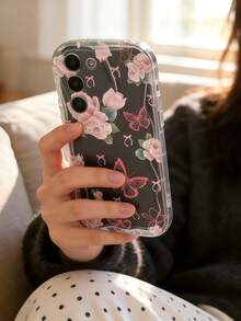 Creamy Dopamine Wave Ruffle Soft TPU Texture, Cream White Wave Edge Phone Case, Beautiful Playful Floral Phone Case Pink Rose Bow Print Black Background Transparent Wave-Shaped Curved Edge Soft TPU Shockproof Protective Phone Case, Compatible With Apple 11/12/13/14/15/16/17/18 Galaxy S21 S22 S23 S24 S25 S26/Honor/ And Other Models - Clear - View 5