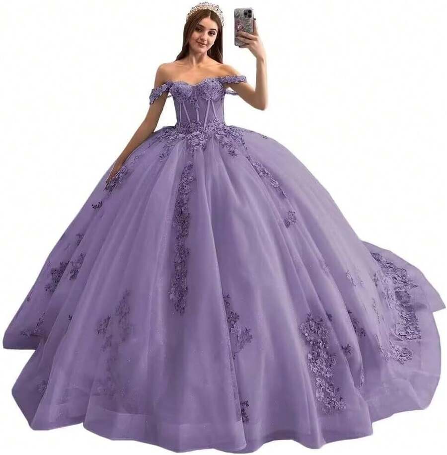 Vestidos de Quinceañera con Hombros Descubiertos, Talla Grande, Vestido de Encaje con Apliques Dulces 15 16, Fiesta de Graduación, Boda, Cumpleaños - Malva empolvado - Ver 1