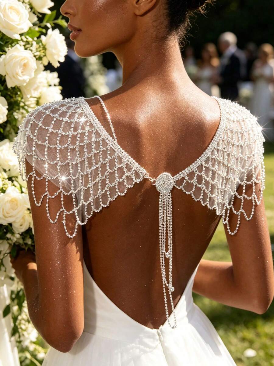 Moderiktigt lyxigt brudaxelsmycke med kedja, gnistrande elegant och charmig kroppshalsbandstillbehör för aftonklänning med strass - Silver - Visa 1