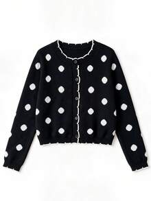 Fall/Winter Casual Versatile Crew Neck Cute Polka Dot 2 In 1 Going Out Knit Cardigan - Black and White - View 4