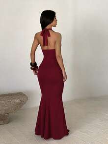 Women's Solid Color Elegant Cinched Waist Halter Neck Tie Party Dress - Burgundy - View 4
