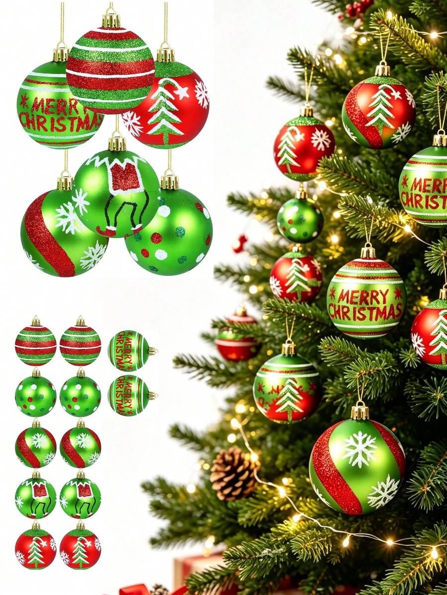 12pcs Christmas Tree Decor Balls, 2.4 Inch Red & Green Christmas Ball Hanging Ornaments, Shiny Christmas Tree Hanging Ball Decorations, Christmas Holiday Decorations - Multicolor - View 1