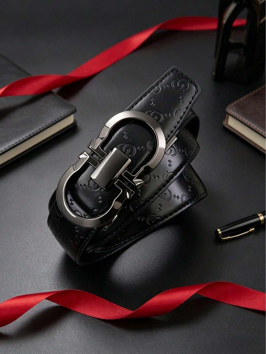 47英吋加長男士PU人造皮革自動扣皮帶,復古印花商務休閒百搭西裝褲皮帶 - 彩色 - 查看 1