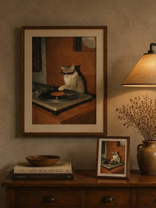 2pcs DJ Cat Vinyl Turntable Music Poster, Vintage Goose Duo Poster, Animal Wall Art, Festival Gift, Suitable For Bedroom, Living Room, Kitchen, Wall Arts, Wall Decor