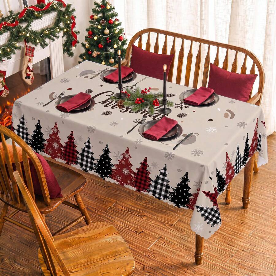 1 chiếc khăn trải bàn hình chữ nhật in họa tiết cây thông Noel, bông tuyết và quả thông, phù hợp trang trí bàn tiệc ngày lễ, sinh nhật, bữa tối, nhà hàng, trang trí nhà cửa mùa Thu/Đông Giáng Sinh - Nhiều màu - Xem 1
