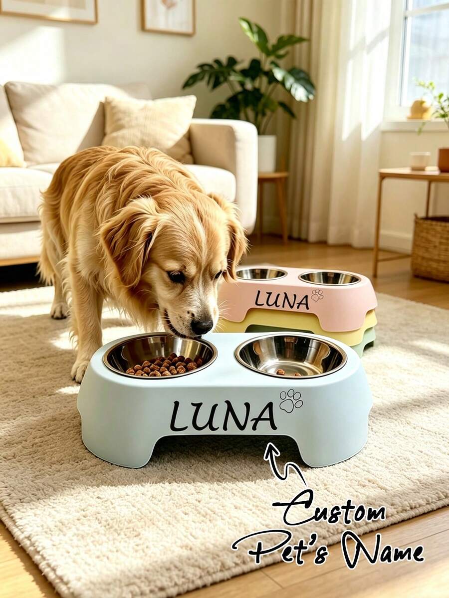 Customizable Cat & Dog Food Bowl, Supports Name/Date Engraving, Stainless Steel + PP Material, Cute Color Options, Pet Bowl, Ideal Gift For Pet Lovers, Designer Style - Multicolor - View 1