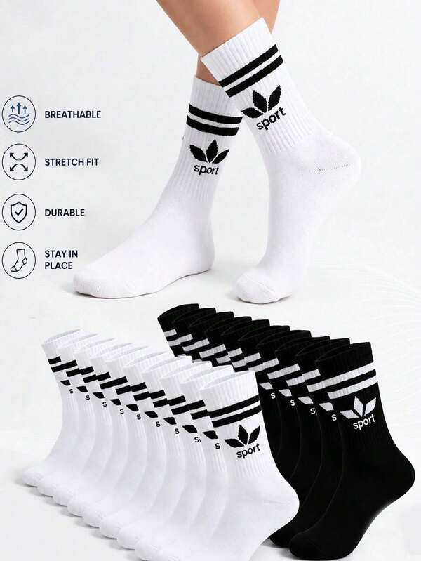 1/5/10 Pasang Kaos Kaki Pasangan Unisex Bergaris Setengah Betis, Nyaman, Bernapas, Menyerap Keringat, Kaos Kaki Olahraga Warna Polos Sederhana, Kaos Kaki Kasual Hitam Putih, Cocok Untuk Semua Musim, Pemakaian Sehari-hari di Luar Ruangan, Cocok untuk Kembali ke Sekolah