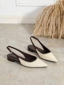 Women's French Style Pointed Toe Woven Patchwork Slingback Sandals With Metal Buckle Adjustable Low Heel Low Vamp Shoes Commuter Vintage Summer Shoes - Beige - View 5