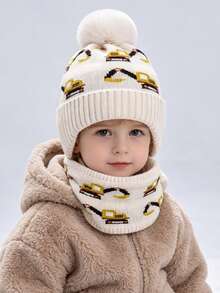 Kids Hat & Scarf Set, Boys Winter Thermal Lined Earflap Beanie, Windproof Warm Baby Pullover Cap, - Excavator 2-piece Set - View 4