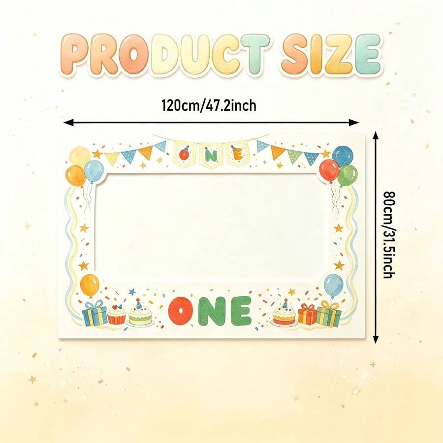 One-Year-Old Birthday Photo Booth Photo Frame, Colorful Cartoon-Style Selfie Props, Printed With Balloons, Gift Boxes And Cake Patterns, First Birthday Decoration Photo Frame. - 1 - View 1