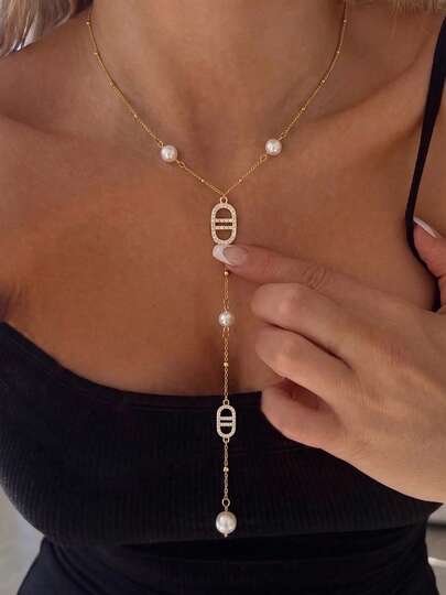 1 pieza Collar largo en forma de Y con nariz de cerdo, perla dorada y strass, chapado en oro de 18K sobre acero inoxidable, joyería delicada para mujer, apto para uso diario y regalo