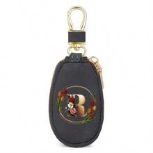 Floral Wreath Letter A-Z Car Key Holder, Mini Car Key Storage Bag, PU Leather Keychain Wallet, Zipper Pouch, Car Key Organizer, Car Keychain, Unisex Gift - Multicolor - View 53