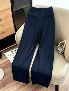 Women's Casual Home Pants, Solid Color High Waist Wide Leg Lounge Pants (With Pockets) - Navy Blue - View 4