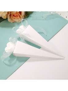 10pcs Elegant White Kraft Paper Cone Gift Boxes With Ribbon - Perfect For Weddings, Birthdays, Baby Showers, Communion, Graduations And Christmas - Ideal For Small Snacks And Party Favors | Ribbon Tied Cone Boxes | Paper Party Favor Boxes - Multicolor - View 10