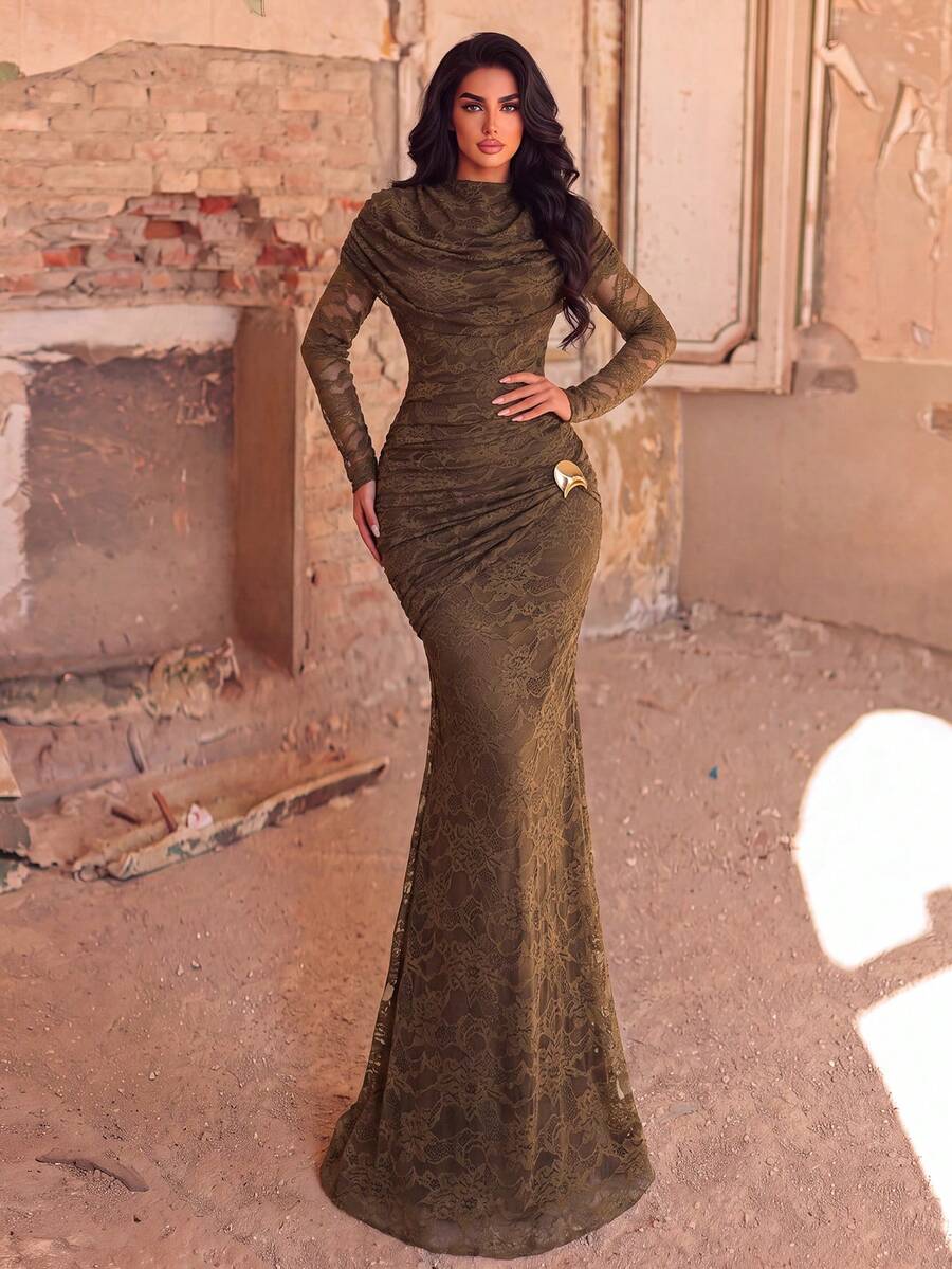 Women's Strapless Backless Evening Dress, Sparkling Rhinestone Trim, Suitable For Banquet, Party, Celebration, Event - Olive Green - View 1