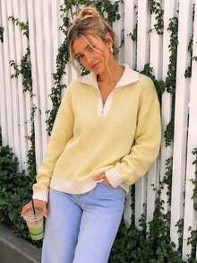 Women's Chunky Knit Half Zip Up Sweater, Beige Waffle Stitch Long Sleeve, Oversized Casual Solid Color Pullover With Ribbed Cuffs- - Yellow - View 7