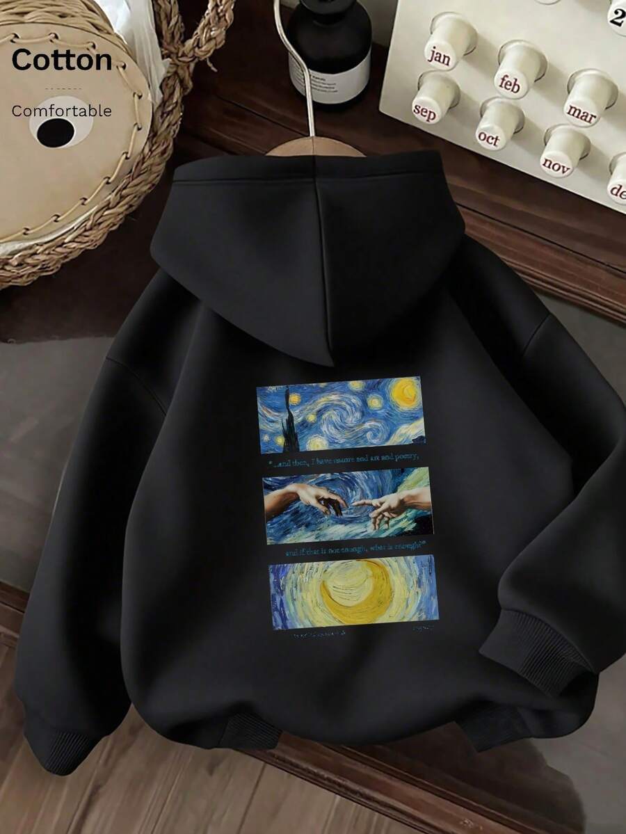 Oversized Women's Sweatshirt For Autumn/Winter, Long-Sleeve Hoodie With Pockets, Casual Top, Y2K Style, Daily Letter Graphic Print, Unisex Black - Black - View 1