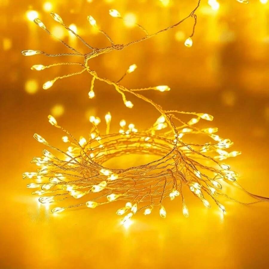 Battery‑Powered LED Firecracker String Lights With Simulated Firecracker Cluster Heads. Soft Gentle Warm‑White Light Without Glare.8 Built‑In Lighting Modes: Steady‑On, Slow Flash, Fast Flash, Gradient And More, One‑Key Switch For Various Atmosphere.