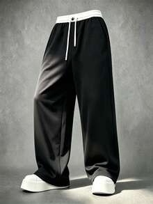 1Pc Versatile Drapey Men's Wide Leg Pants, Contrast Waistband Drawstring Design Black Knit Loose Daily Casual Sweatpants - Black - View 3