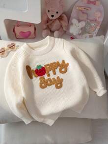 Girls Cute English Letter Embroidered Sweater, Round Neck Knit Pullover, Suitable For Daily Casual Wear In Spring, Autumn And Winter - Apricot - View 1