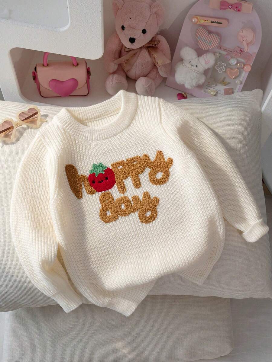 Girls Cute English Letter Embroidered Sweater, Round Neck Knit Pullover, Suitable For Daily Casual Wear In Spring, Autumn And Winter - Apricot - View 1