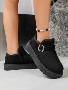 Women's Faux Suede Thick Sole Mule Closed Toe Slippers, Antique Gold Buckle Strap Slip-On Backless Round Toe Boot-Style Slides - Black - View 3