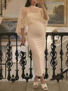 2pcs Maternity Dress Set, Champagne Lace Shawl Fitted Bodycon Midi Dress, Slimming Elegant Elegant Pregnancy Party Date Fitted Long Dress Summer - Apricot - View 3