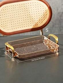 Tray, Gold Thickened Transparent PET Rectangular Tray With Handles, Plastic Storage Tray, Suitable For Tea Cups, Water Cups, Gold Rim Style - Amber - View 15
