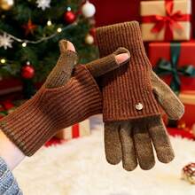 Maillard Winter Dual-Use Colorblock Knitted Gloves For Women, Woolen Fingerless Touchscreen Compatible Warm Cycling Gloves - Multicolor - View 8