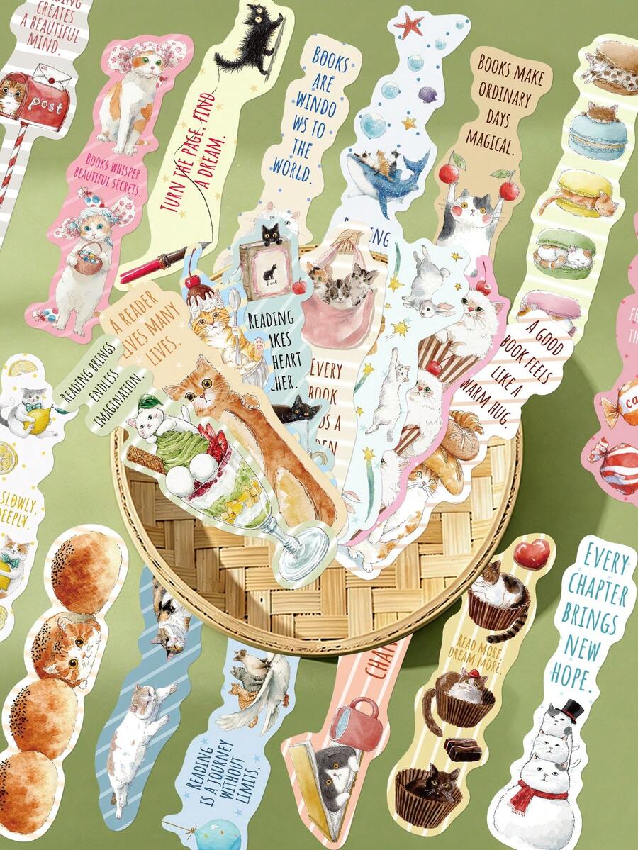 30pcs Cute Cat Bookmarks, Library Cards, Reading Cards, Message Cards, Book Decoration, Notebook, Planner, Marker Cards, Suitable For Back To School, School Supplies, Birthday, Holiday, Party Gifts - 30pcs - View 1