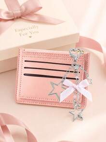 Minimalist Ultra-Thin Card Case, Featuring Delicate Heart-Shaped Star Bowknot Metal Chain Keychain, Money Bag, Card Holder, Wallet,Small Purse - Multicolor - View 7