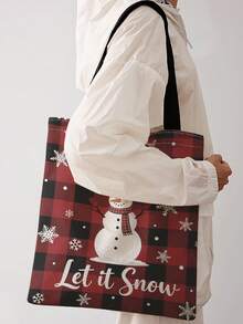 1pc Christmas Plaid Print Print Shoulder Tote,Large Capacity For Books,Groceries & Daily Beach Travel School Use.For Students, Great Daily Bag Or Gift - Red - View 9
