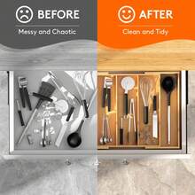 Expandable Bamboo Drawer Organizer With Dividers, Adjustable Kitchen Drawer Organizer For Large Cooking Utensils Cutlery, Kitchen Drawer Organization - View 9