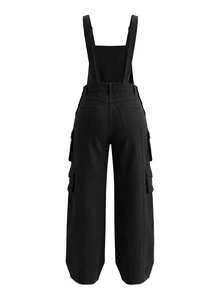 Women's Sleeveless Black Washed Denim Jumpsuit, Long Casual Elegant, Suitable For All Seasons, Non-Stretch - Black - View 4