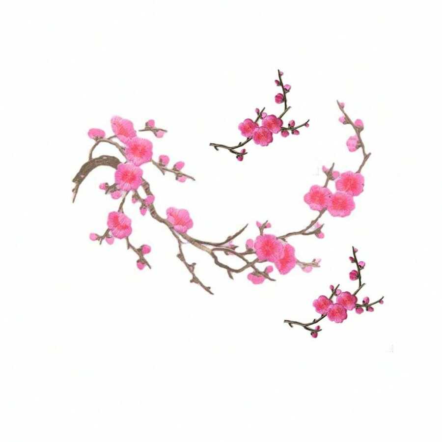 3pcs/Set Pink And Blue Plum Blossom Embroidered Fabric Patch Decorative Accessories, Handmade DIY Adhesive Patches, Includes 1 Large And 2 Small - A - View 1