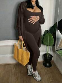 Maternity Jumpsuit Fashion Sporty Comfortable Loungewear - Coffee Brown - View 3