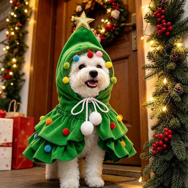 Christmas Theme Pet Hooded Cape - Star & Colorful Ball Decorated Holiday Costume, Cat & Dog Universal Hooded Cloak, Christmas Party Gathering Atmosphere Outfit, Pet Holiday Theme Styling Accessory
