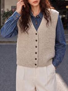 Women's Autumn Casual Minimalist Slimming Vertical Textured Knit Cardigan Vest - Oatmeal - View 4