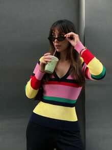 MORI Fall Winter Y2K Elegant Casual Rainbow Color Block Striped V Neck Ribbed Knit Pullover Sweater Tops Women Going Out Party Vacation Outfits - Multicolor - View 2