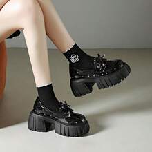 Punk Style Rivet Bow Thick Sole Loafers Women Glossy Chunky Heel Height-Increasing Retro Commute Shoes - Black - View 1