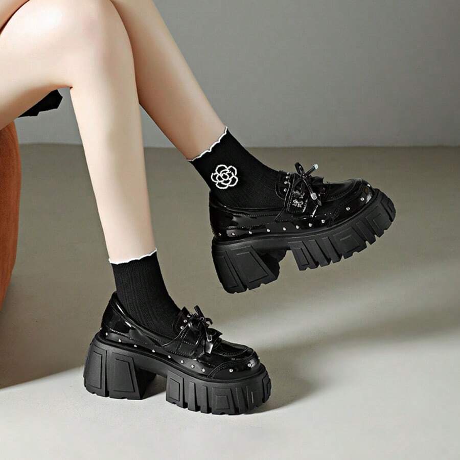 Punk Style Rivet Bow Thick Sole Loafers Women Glossy Chunky Heel Height-Increasing Retro Commute Shoes - Black - View 1